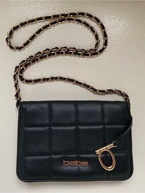 bebe Black Quilted Crossbody with Gold Chain and Charm